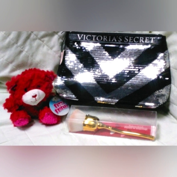 Victoria's Secret Handbags - Victoria's Secret Black & Silver Sequin  Bag Red Bear & Gold Rose Makeup Brush !
